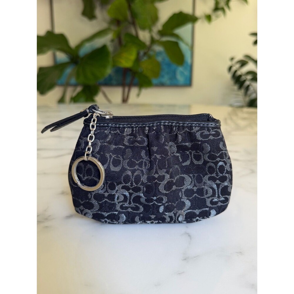 Coach Vintage Y2K Optic Signature Lurex Zip Coin Purse Key Fob Black Metallic